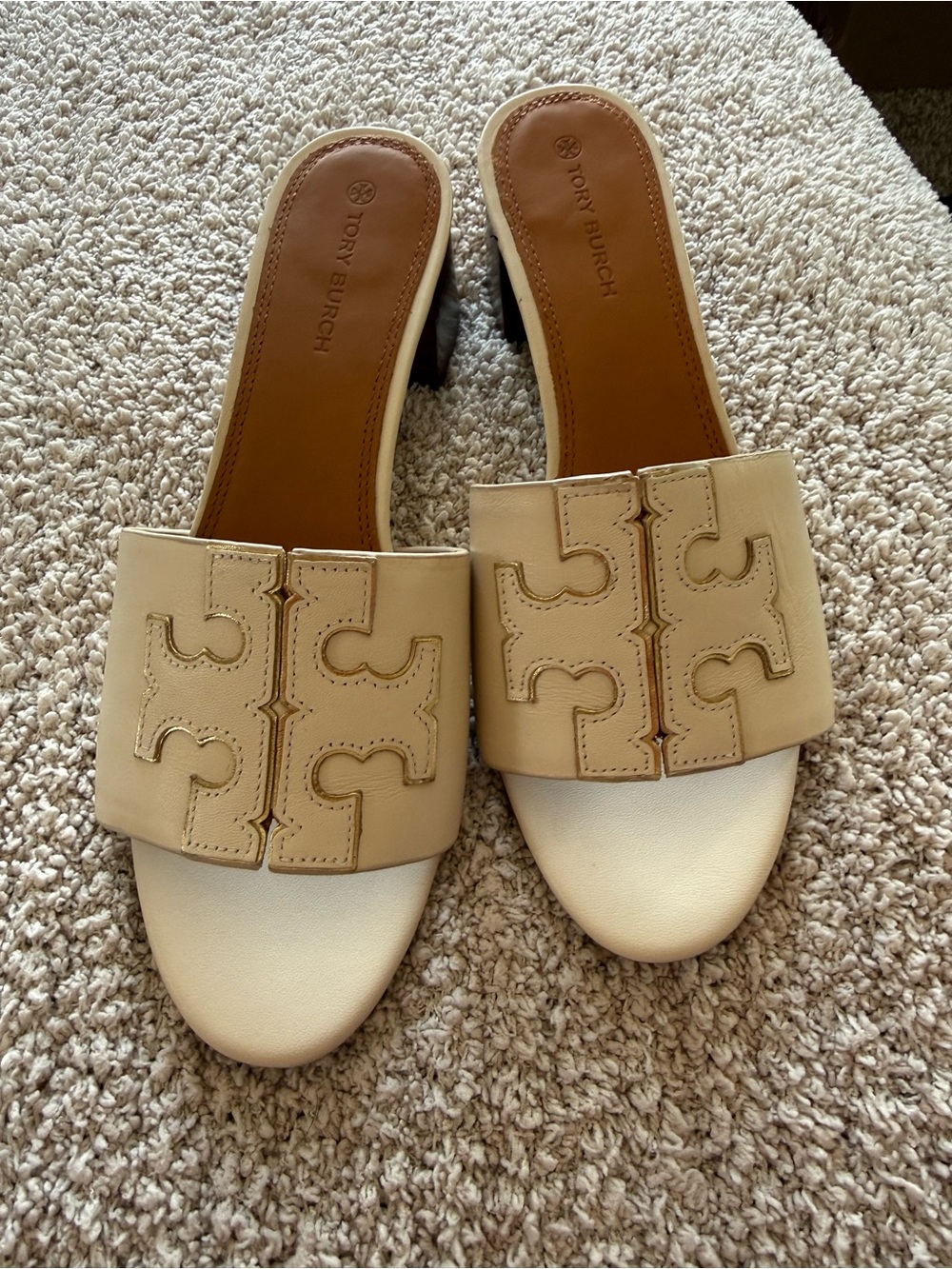 Tory Burch Ivory Leather Logo Slide Mules
